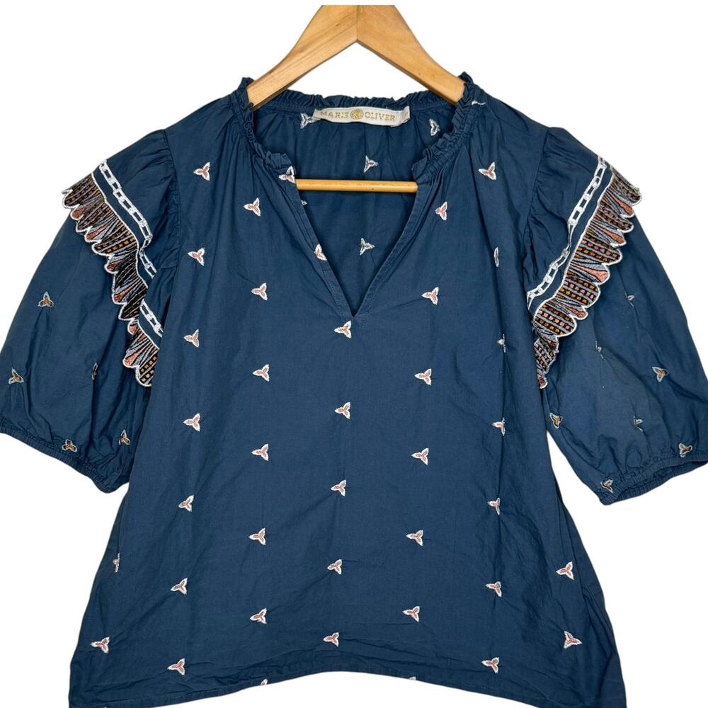 Marie Oliver Vida Top Ruffle Embroidery Blue Boho Cottagecore Blouse